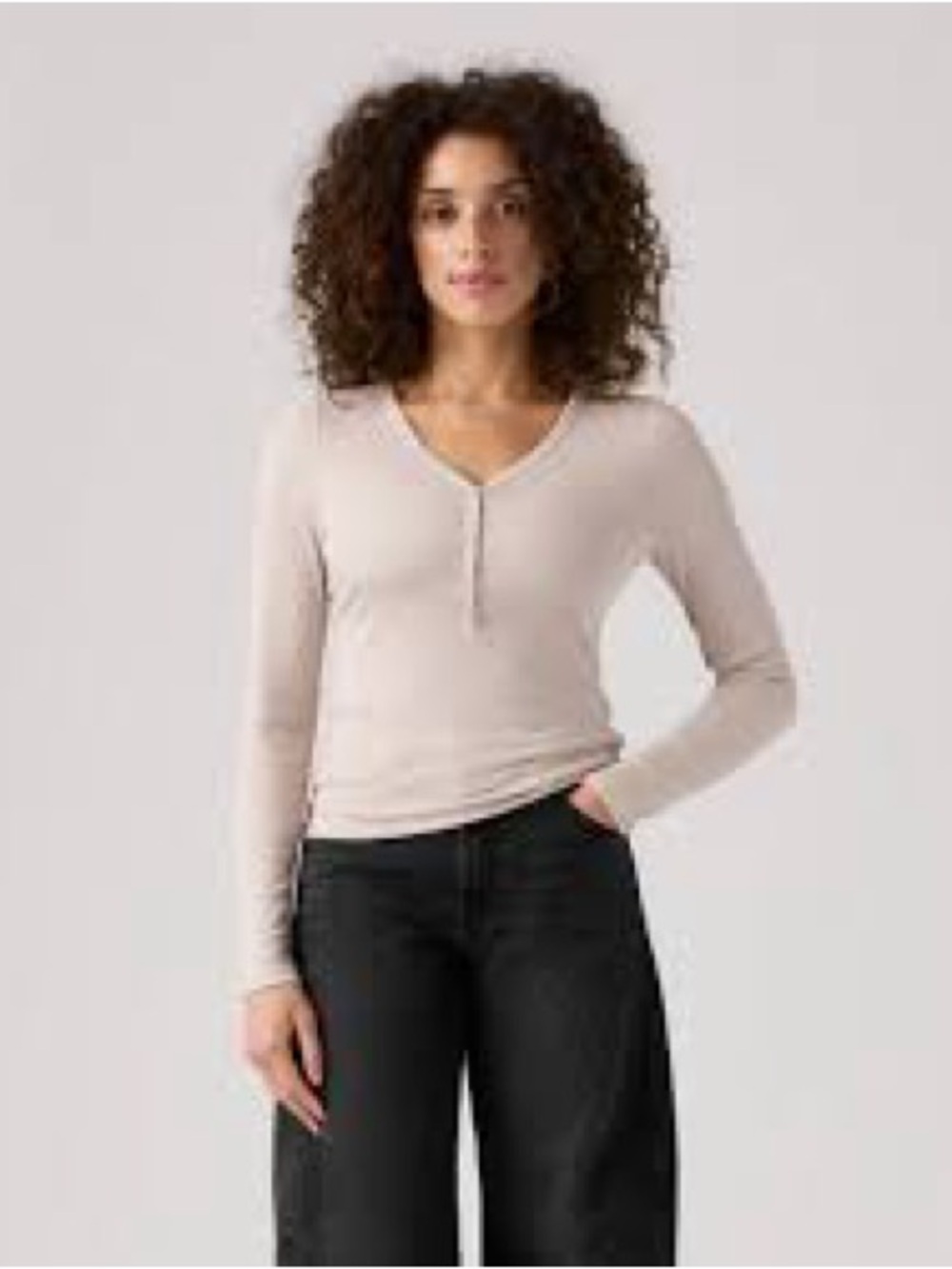 29-Levi's Cream Ribbed Long Sleeve Henley Top V-Neck Button Down Knit Shirt